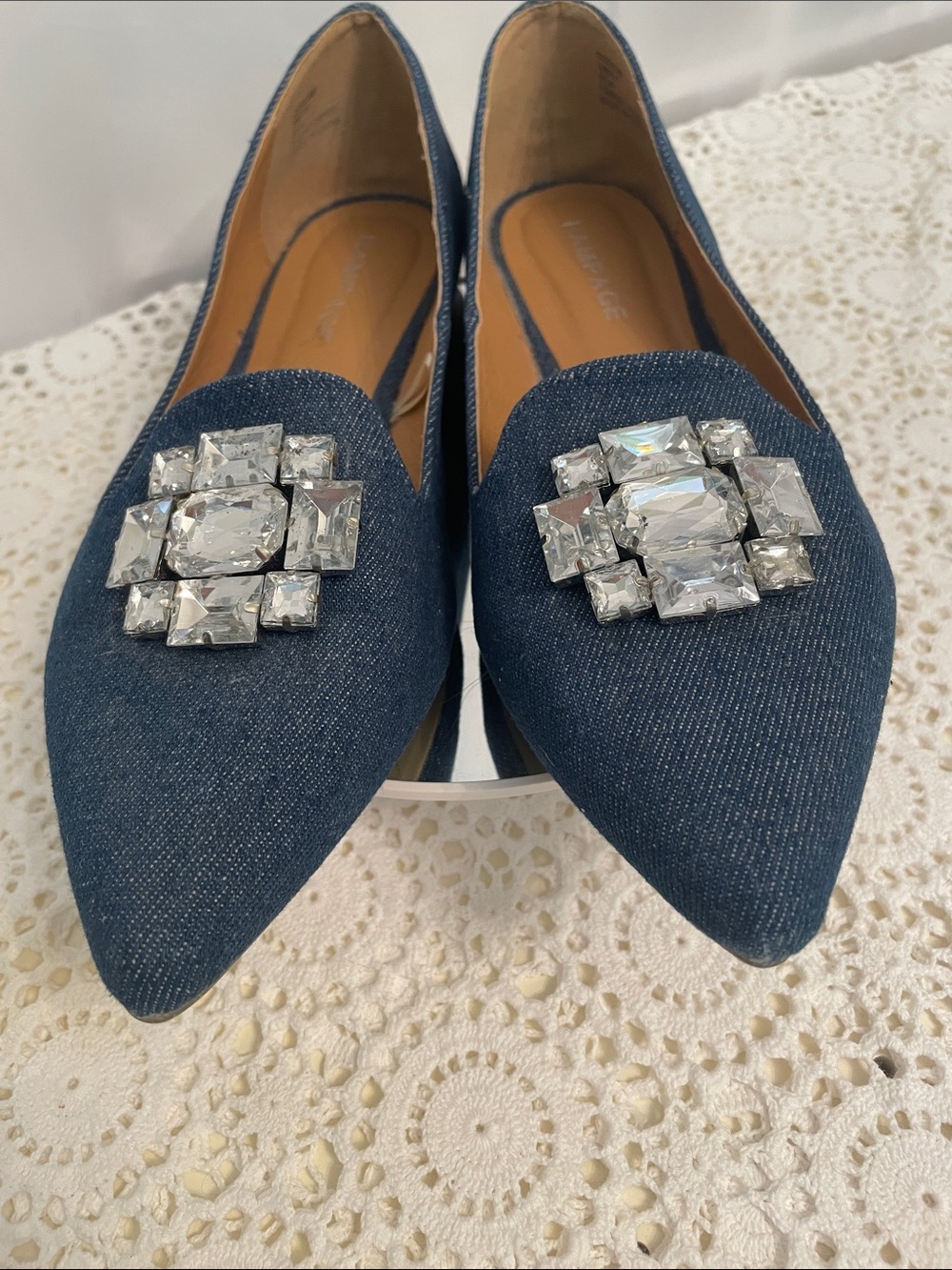 Rampage Navy Denim dm Pointed Toe Flats with Crystal Brooch Size